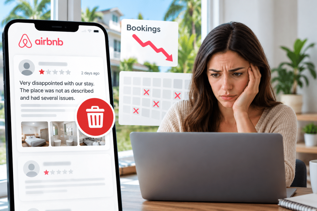 Frustrated Airbnb host looking at a laptop as a bad review drags down bookings and calendar availability