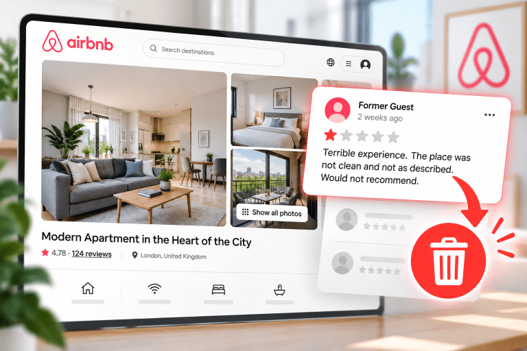 Airbnb listing screenshot with a one-star retaliatory guest review flagged for removal