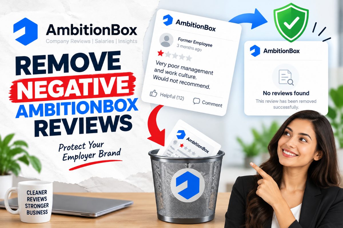 Illustration of a one-star AmbitionBox review being removed from a company profile, leaving a clean “no reviews found” result and a green shield checkmark, representing AmbitionBox review removal to protect employer brand