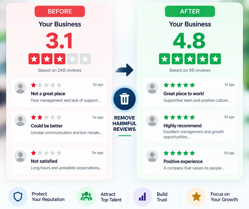 Before and after Glassdoor review removal: harmful reviews removed and the employer rating recovers