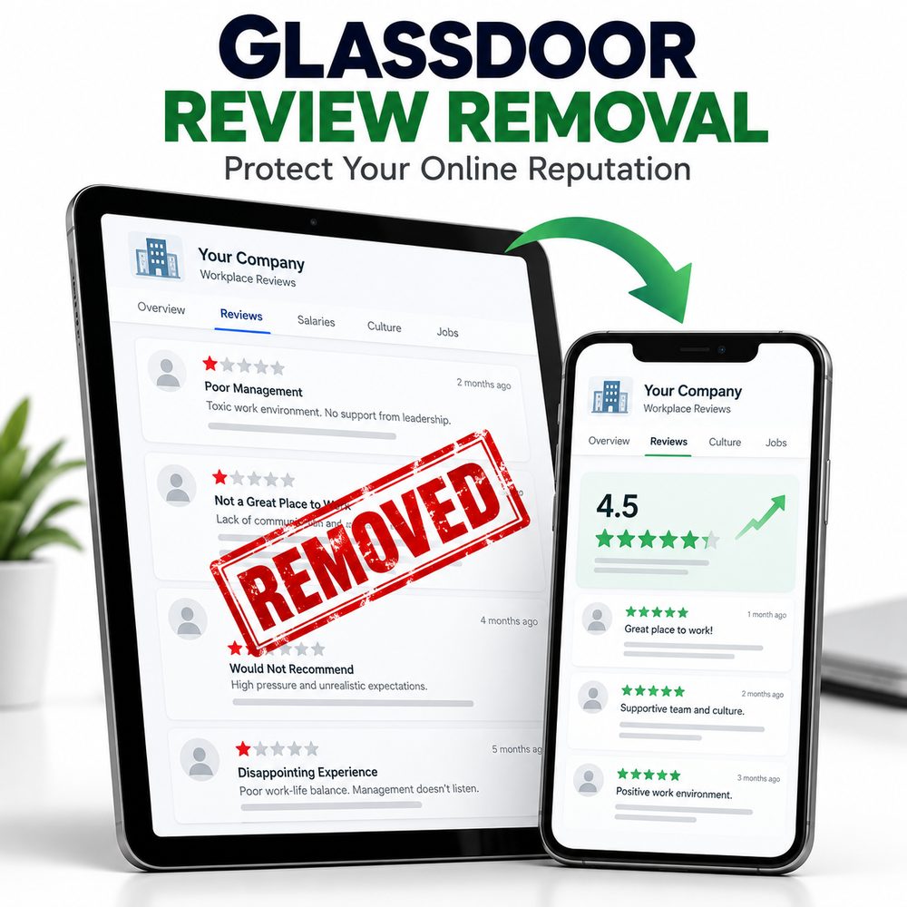 Glassdoor review removal results: negative one-star reviews marked removed on tablet and phone, employer rating improved to 4.5 stars