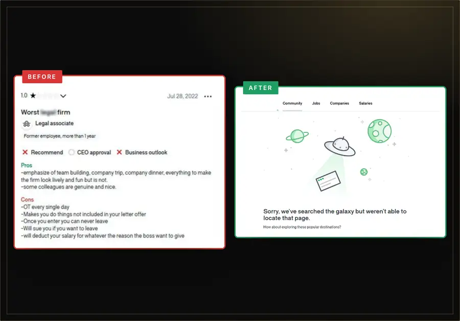 ReviewsEraser case study – Glassdoor review removed – before and after
