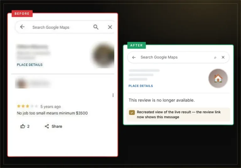 Before and after: Google review removed