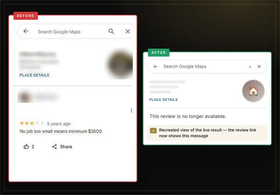 ReviewsEraser case study – Google review removed – before and after