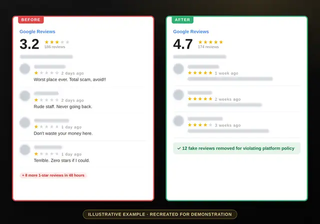 Google reviews &ndash; wave of fake 1-star reviews removed &ndash; before and after