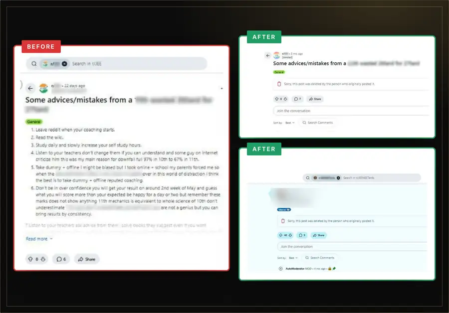 Reddit – Damaging Reddit posts deleted – before and after