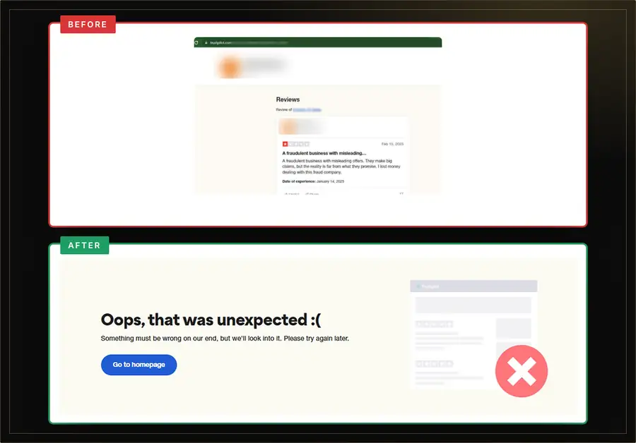 ReviewsEraser case study – Trustpilot review removed – before and after