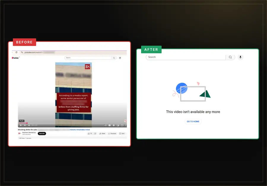 ReviewsEraser case study – YouTube news report removed – before and after